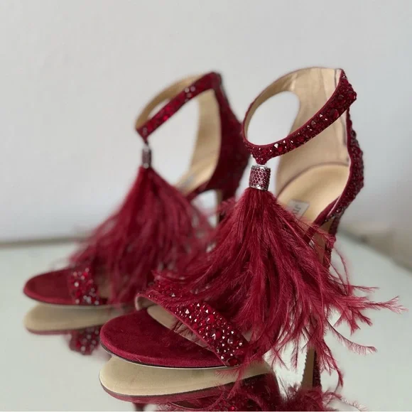 New Jimmy Choo VIOLA 110 Suede Crystal Sandals Red Ostrich Feather Tassel - Picture 7 of 17